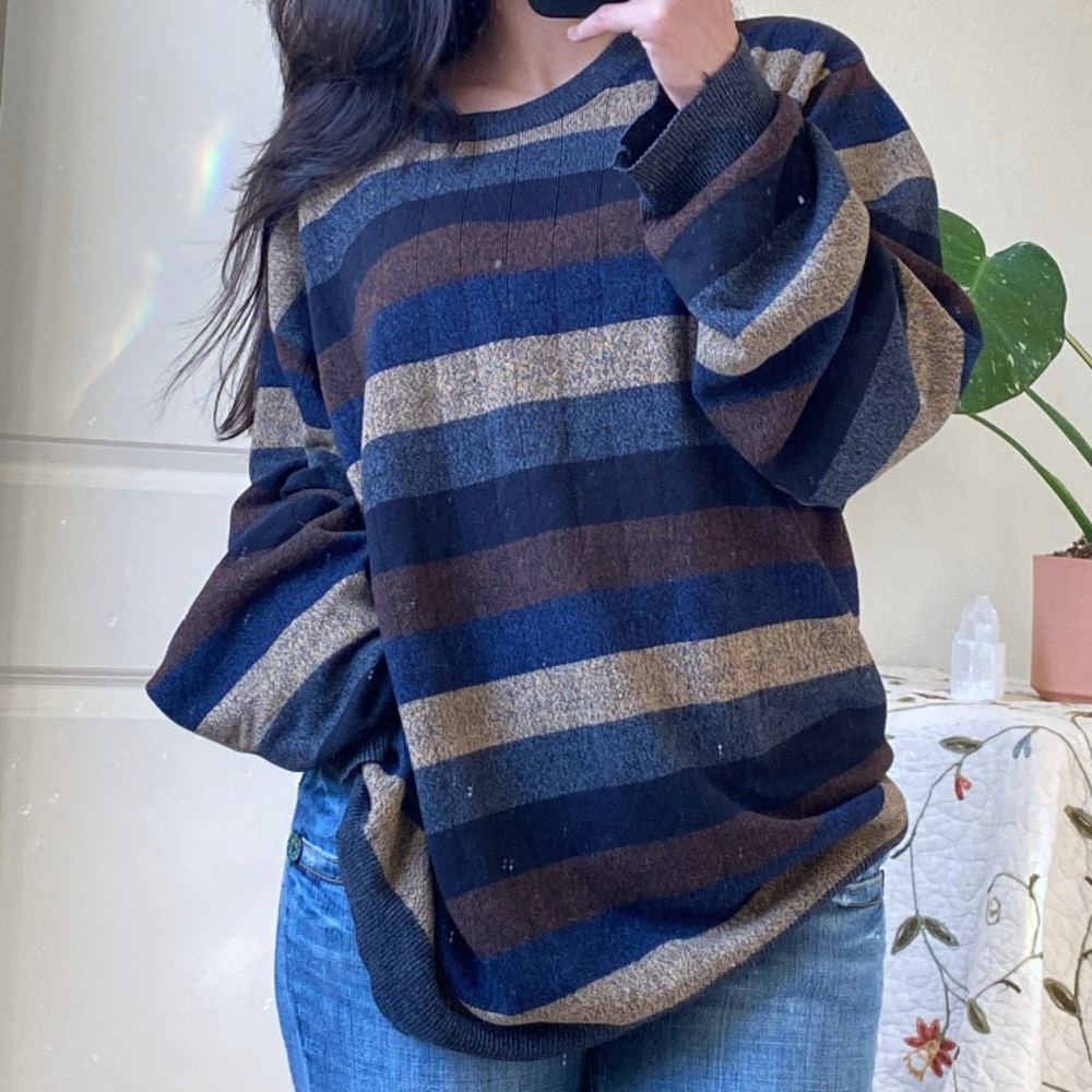 Dockers Striped Crewneck Sweater in Navy, Brown & Gray